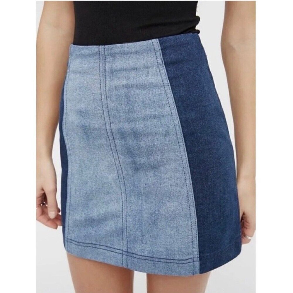 Free People Womens Modern Femme Denim Mini Skirt Sz 2 Blue Jean Colorblock Boho - Picture 4 of 8